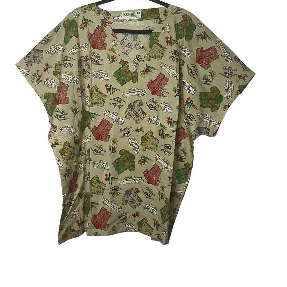 NWOT Scrub Construction hand made scrub top novelty print with vintage cars 2X